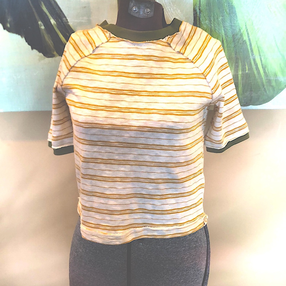Free People We the free striped cream golden yellow& green cotton Tee Sz xs - Picture 3 of 6